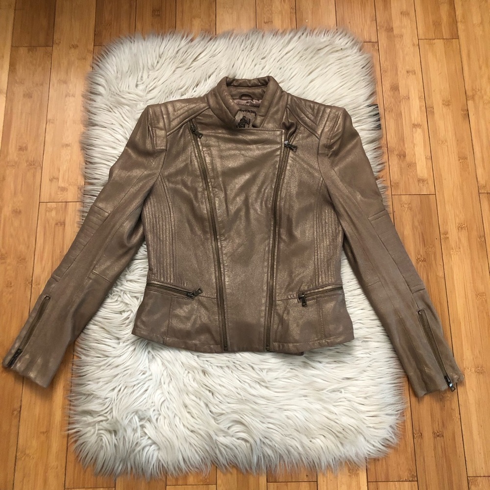 My Tribe Genuine Leather Shimmer Zip Up Buckled Taupe Tan Moto Jacket size M